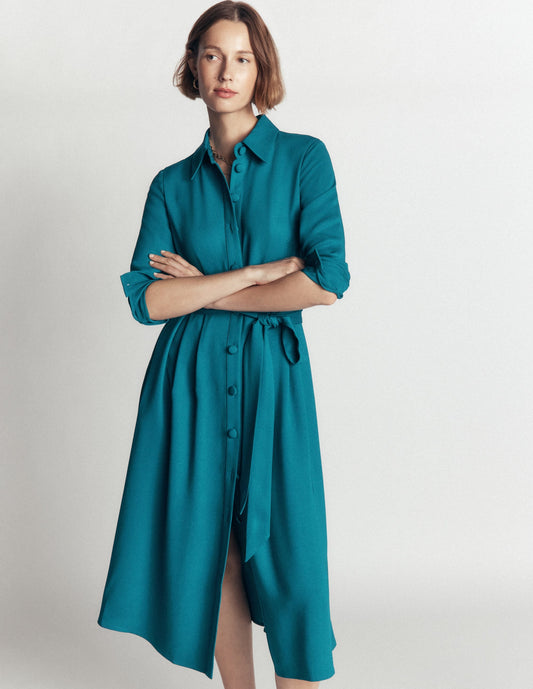 Kate Pleated Shirt Dress-Deep Sea Green