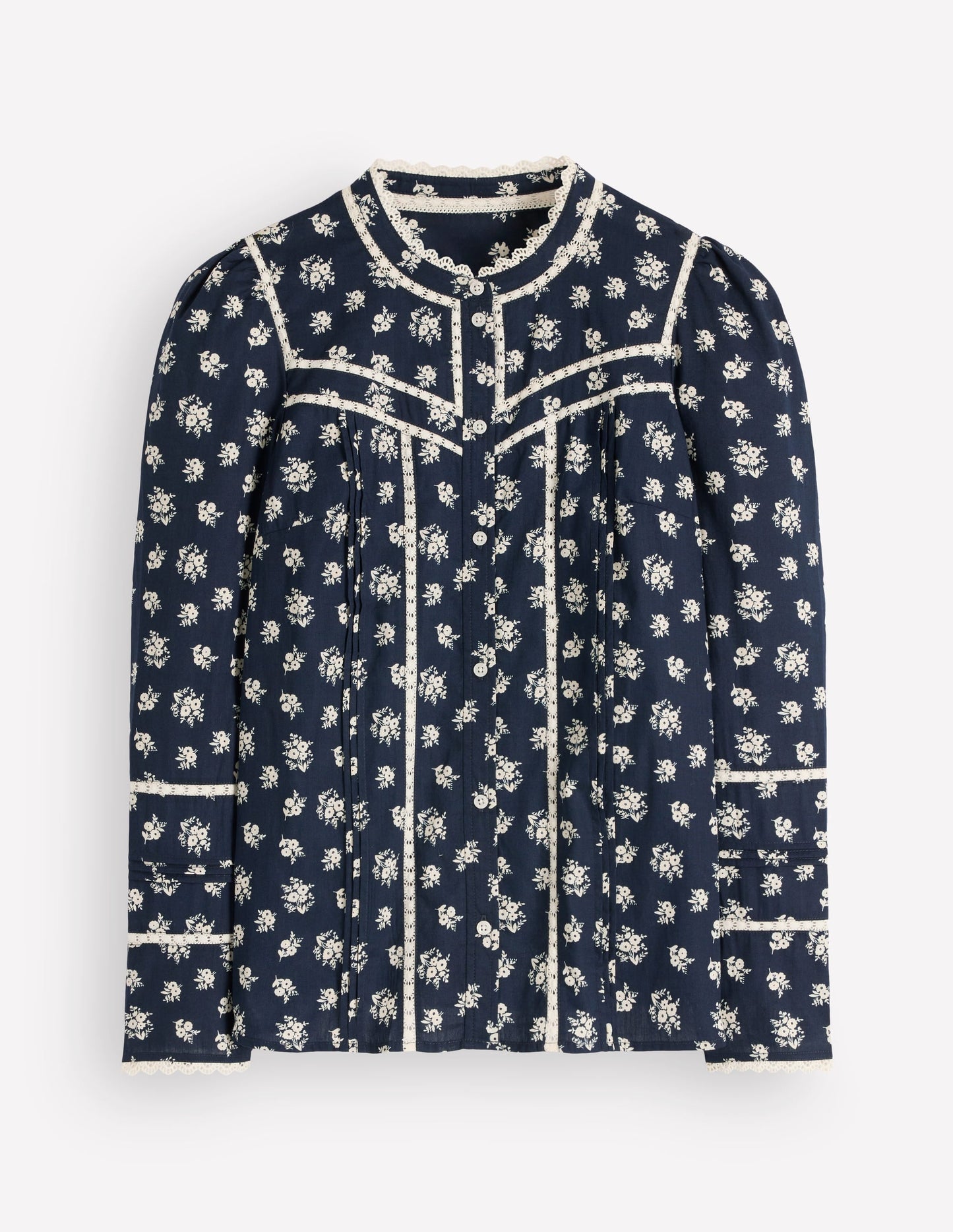 Carmen Lace Trim Cotton Top-French Navy, Delicate Garden