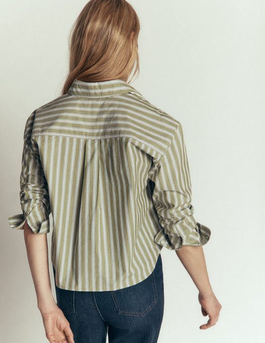 Sienna Cropped Cotton Shirt-Olive, Navy Tram Stripe