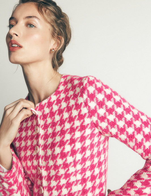 Collarless Wool Blend Blazer-Pink Dogstooth