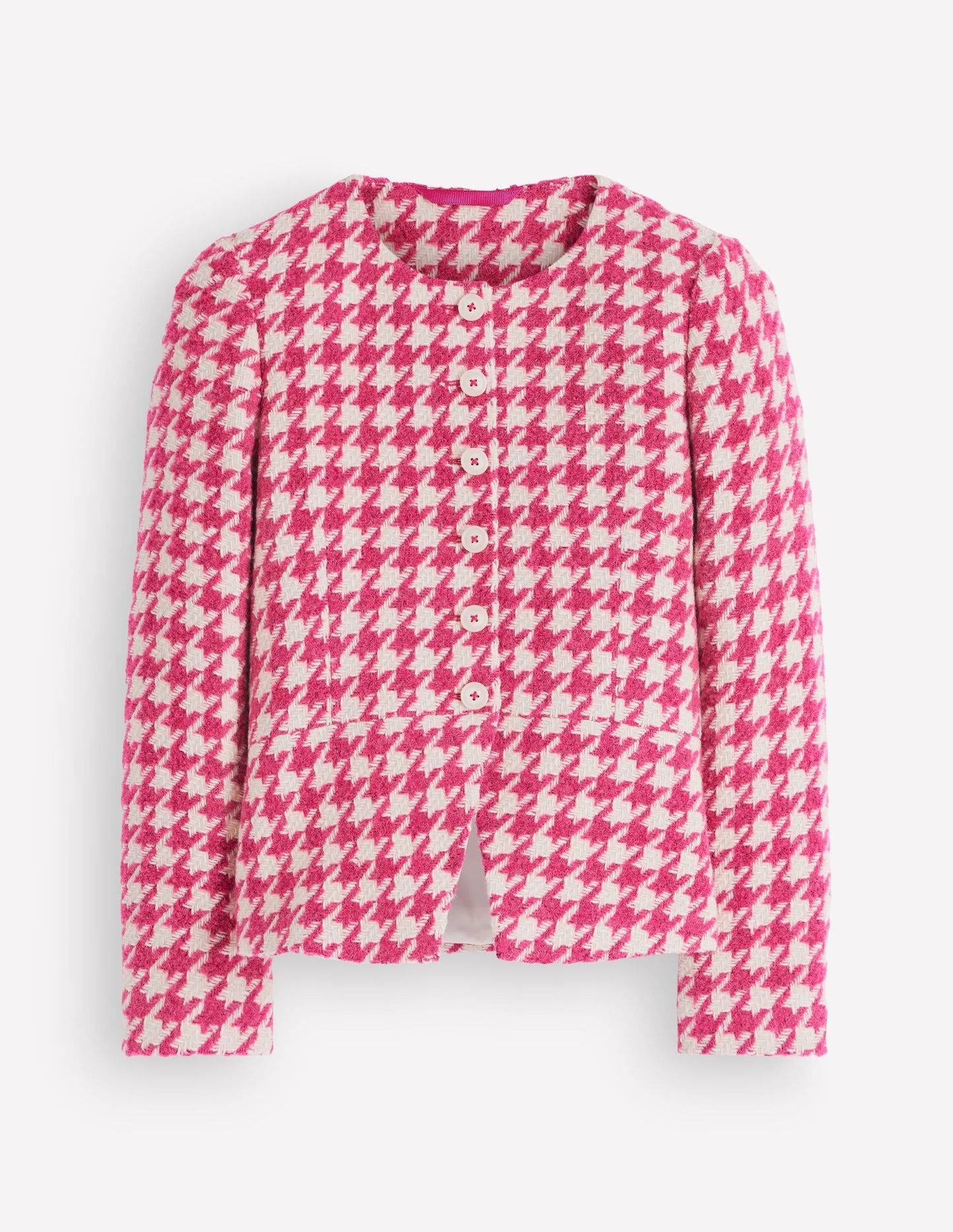 Collarless Wool Blend Blazer-Pink Dogstooth