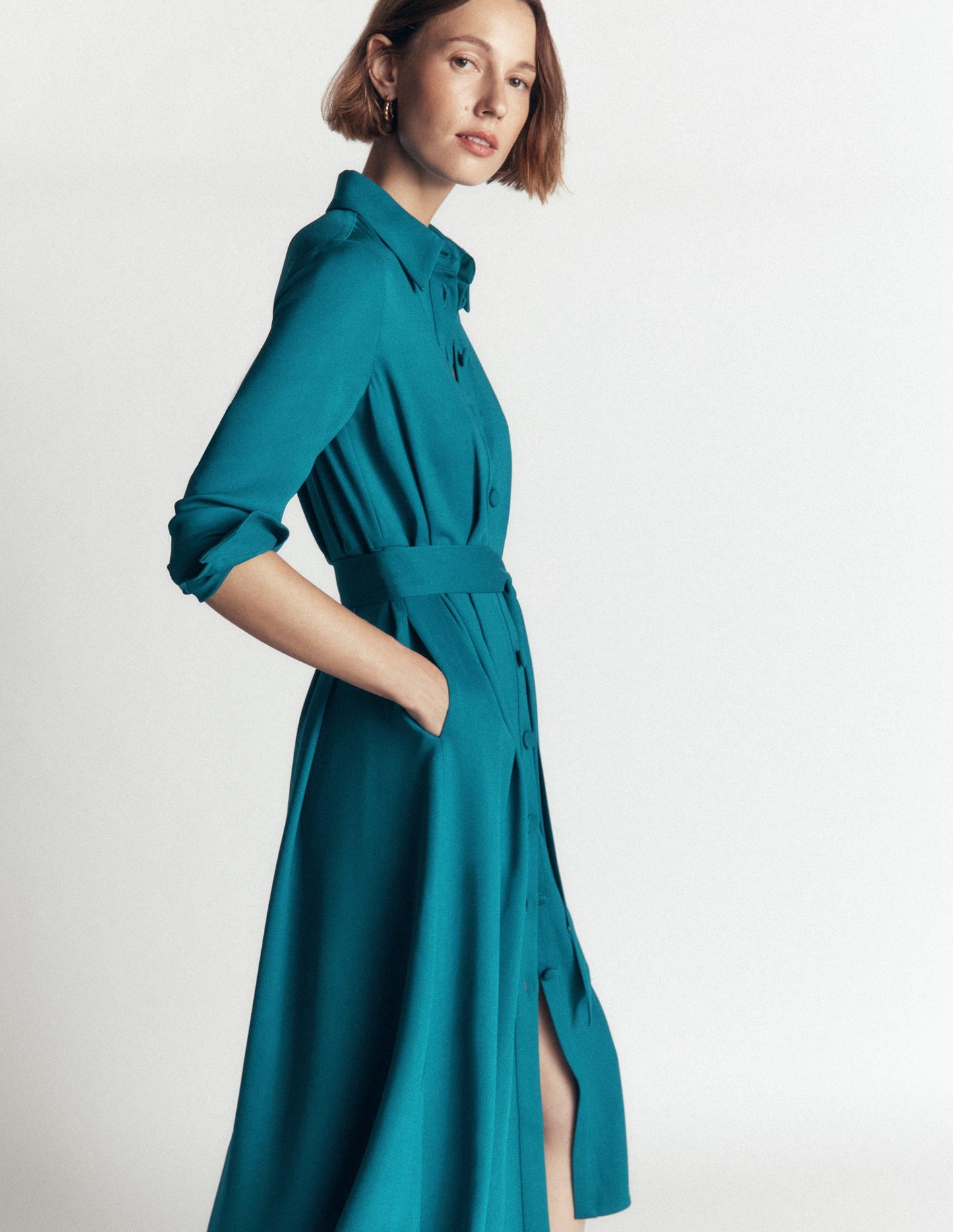 Kate Pleated Shirt Dress-Deep Sea Green