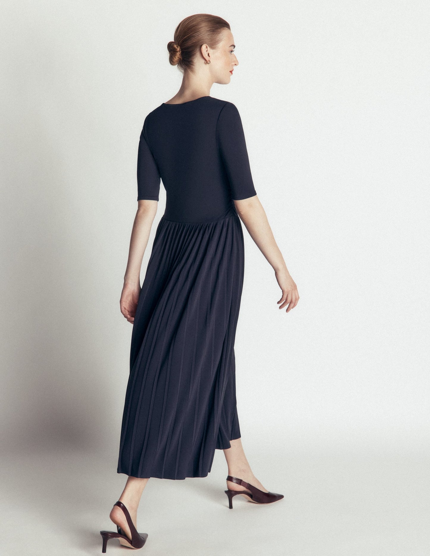 Pleated Jersey Midi Dress-Navy