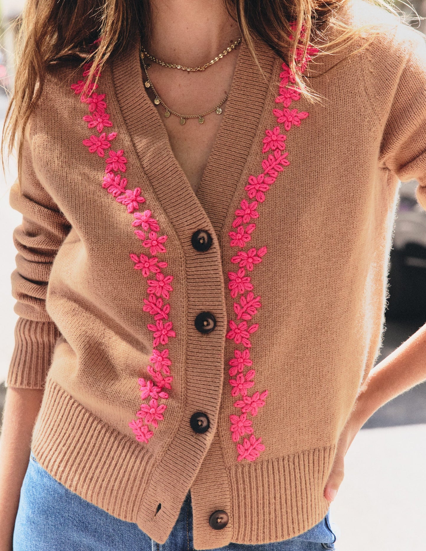 Ella Embroidered Knit Cardigan-Camel, Embroidery