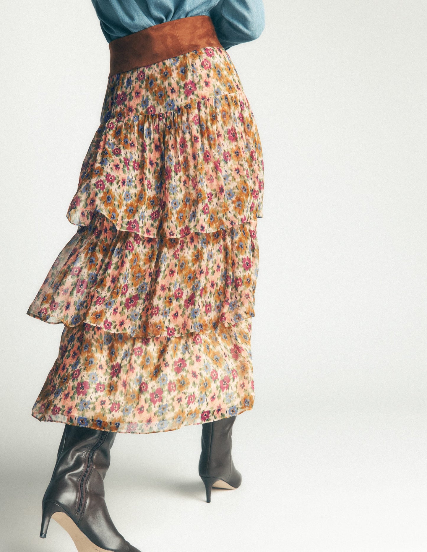 Tiered Ruffle Midi Skirt-Multi, Flecked Garden