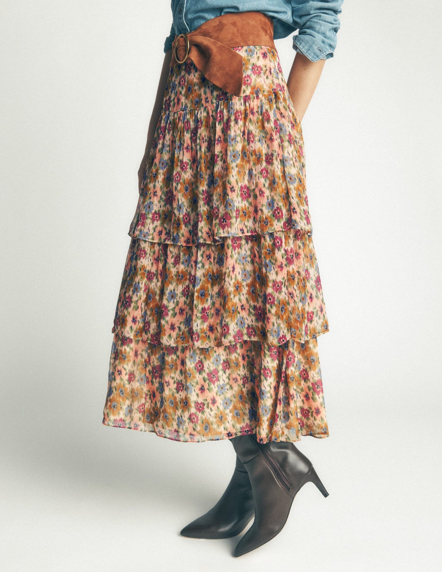 Tiered Ruffle Midi Skirt-Multi, Flecked Garden
