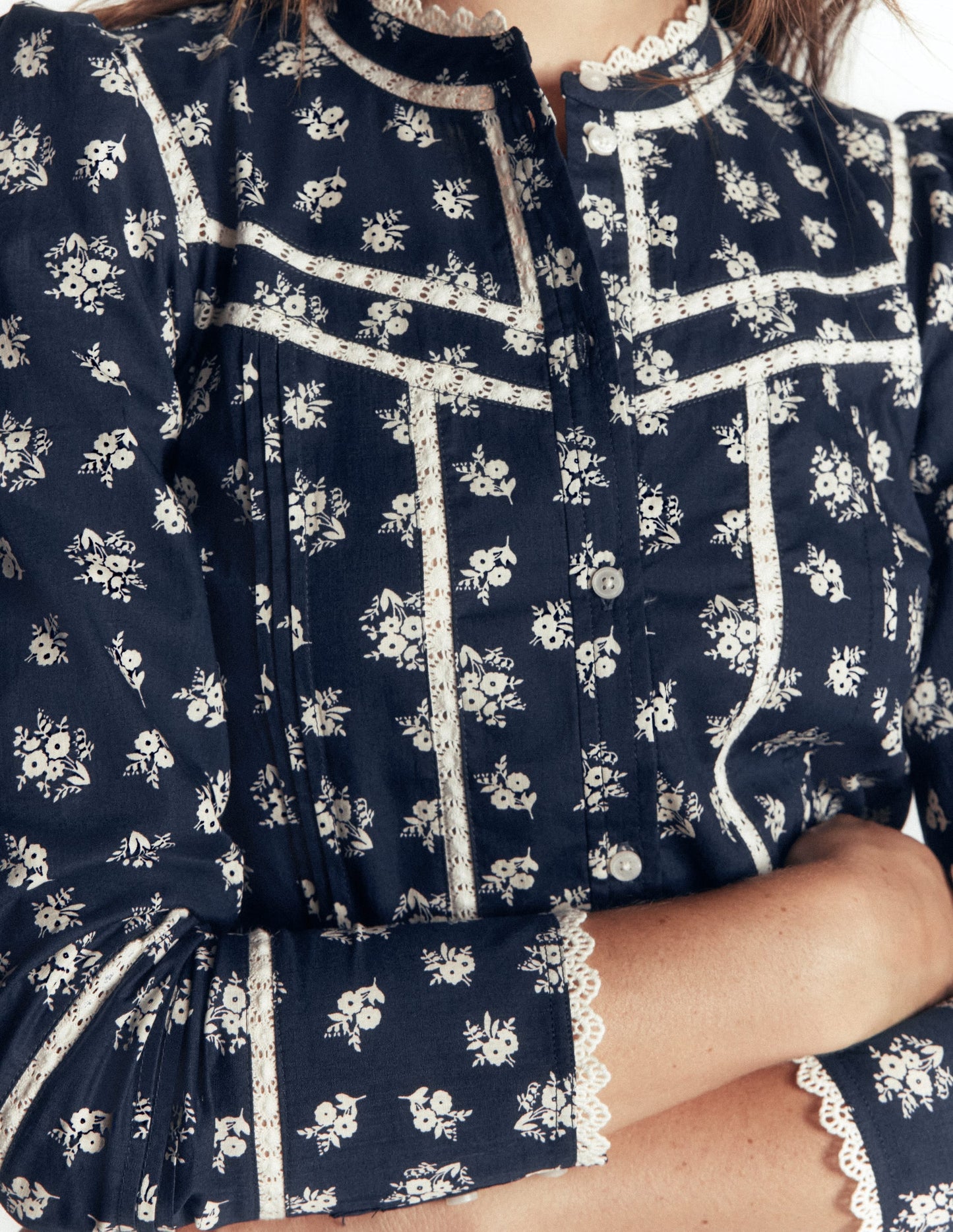 Carmen Lace Trim Cotton Top-French Navy, Delicate Garden