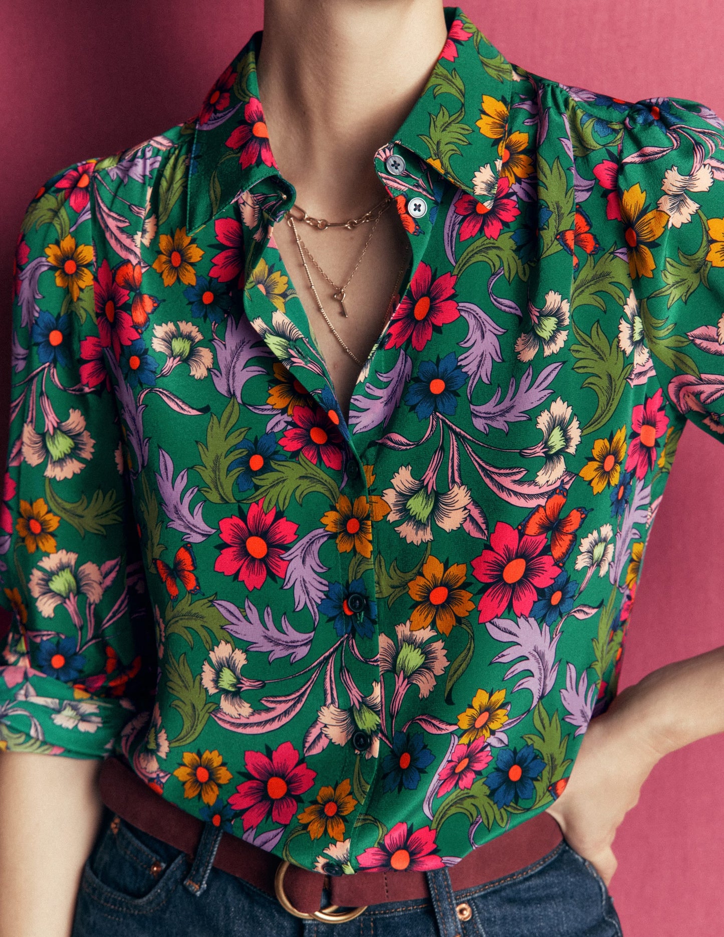 Sara Silk Shirt-Green, Butterfly Bouquet