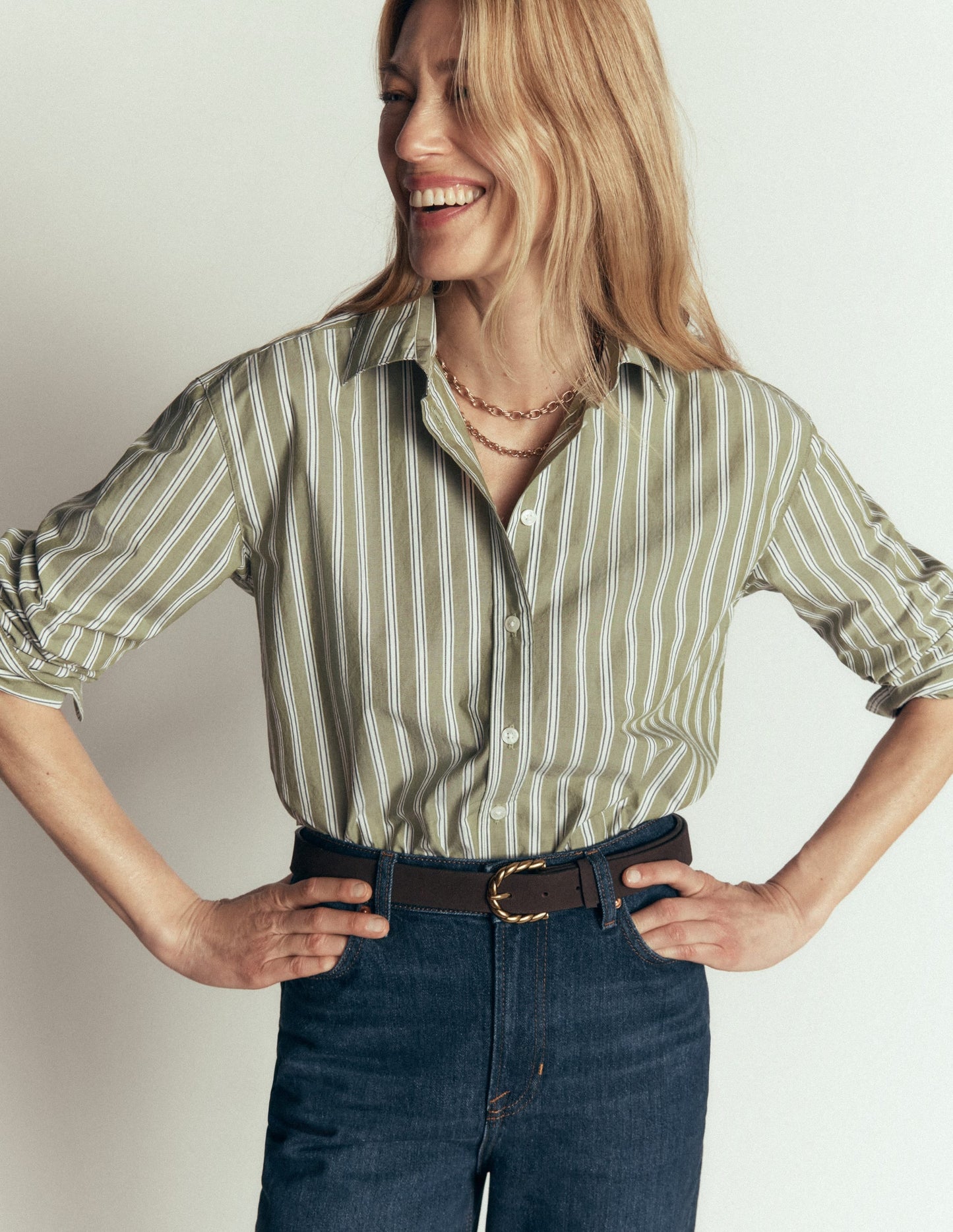 Sienna Cropped Cotton Shirt-Olive, Navy Tram Stripe