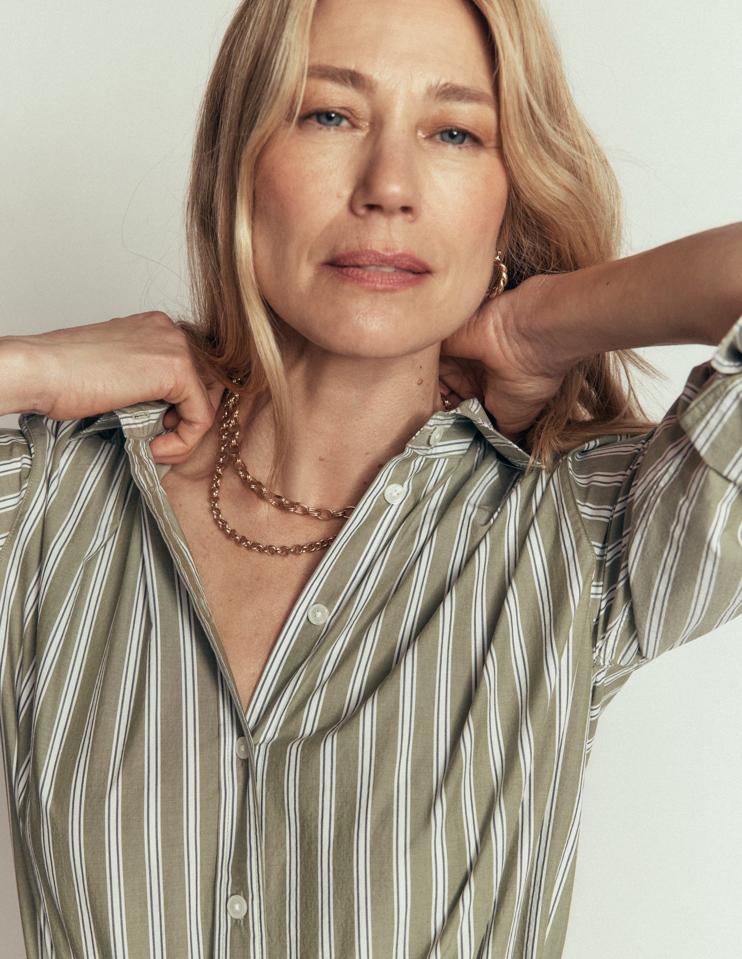Sienna Cropped Cotton Shirt-Olive, Navy Tram Stripe