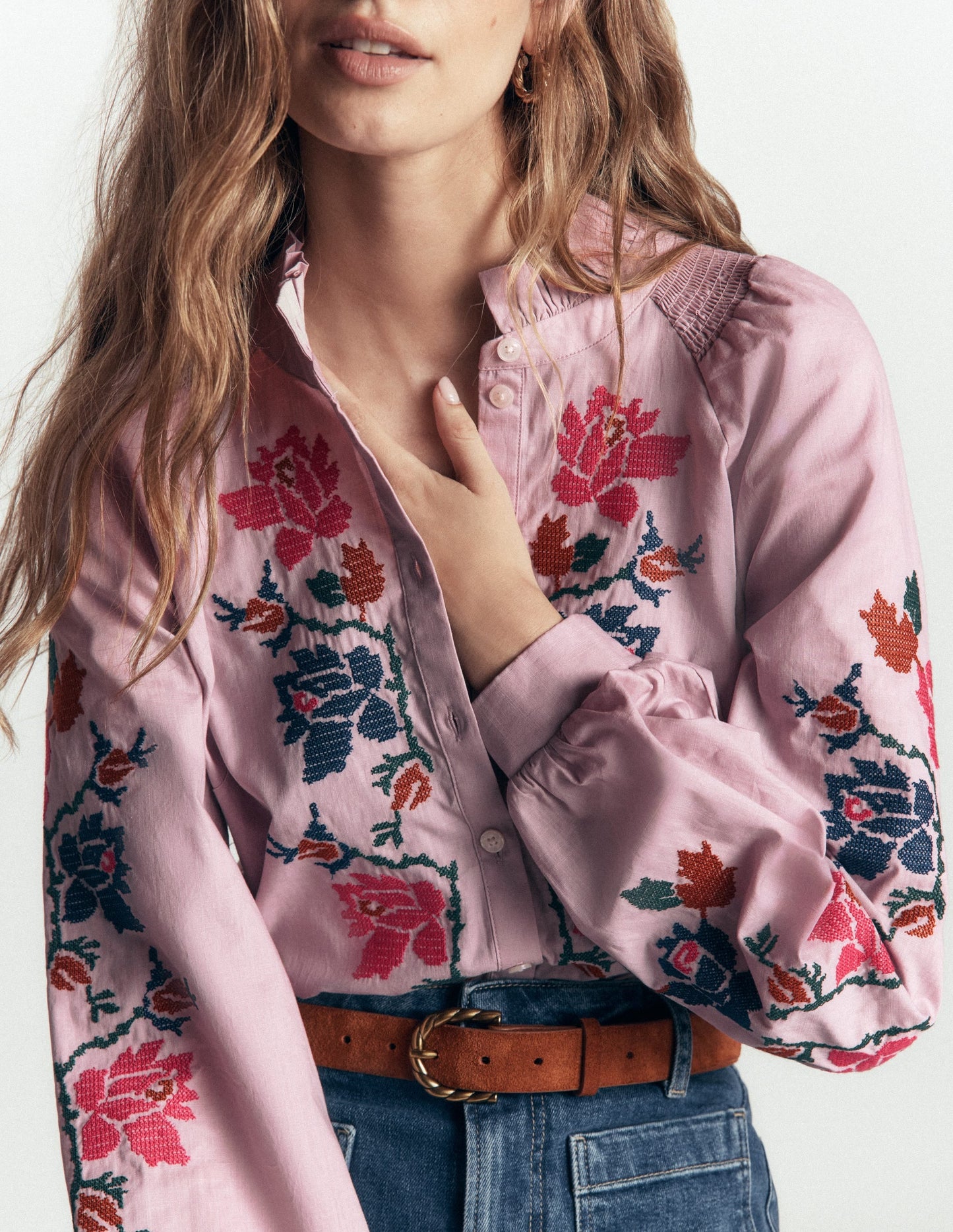 Erica Cotton Frill Top-Soft Pink, Embroidered Floral
