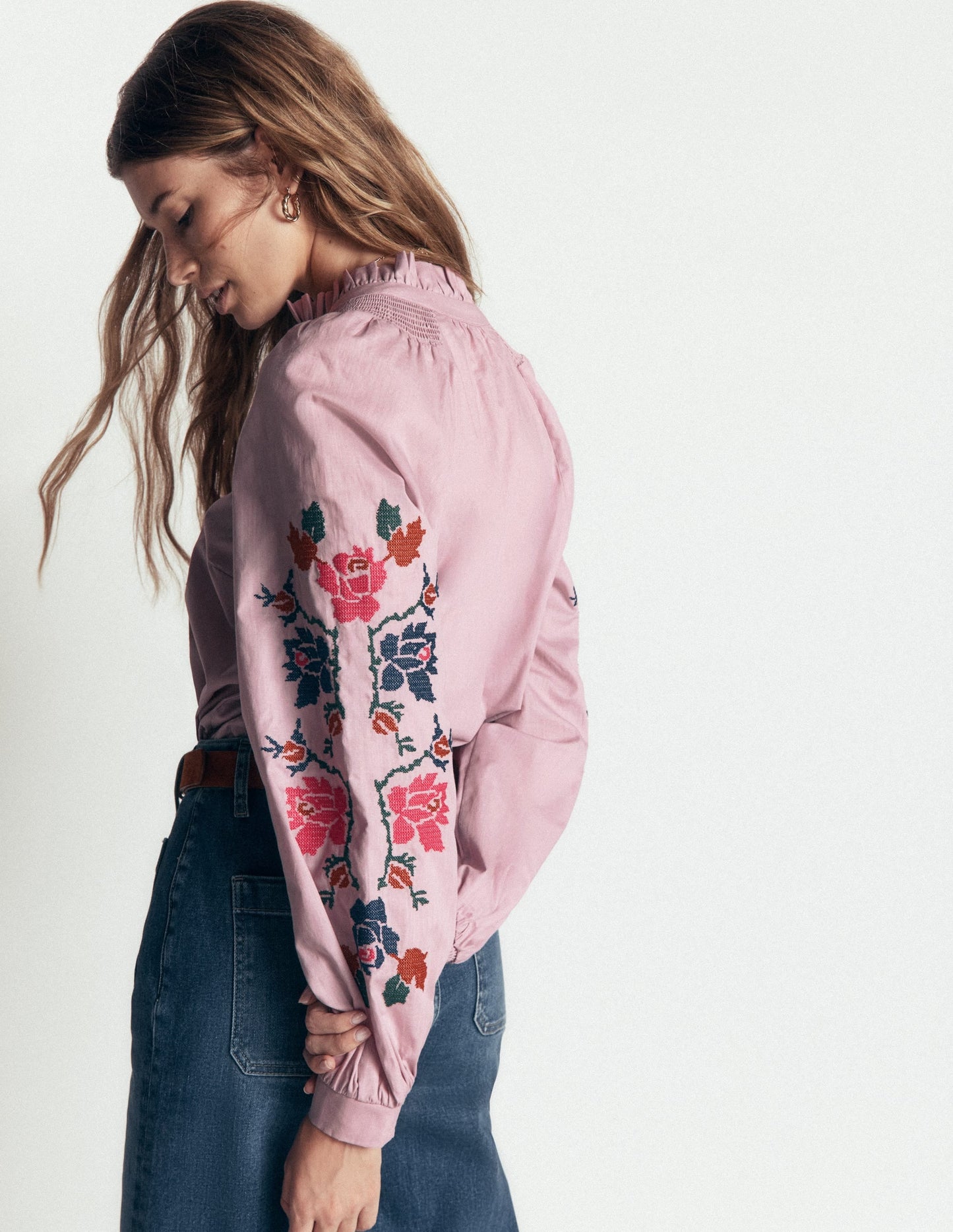 Erica Cotton Frill Top-Soft Pink, Embroidered Floral