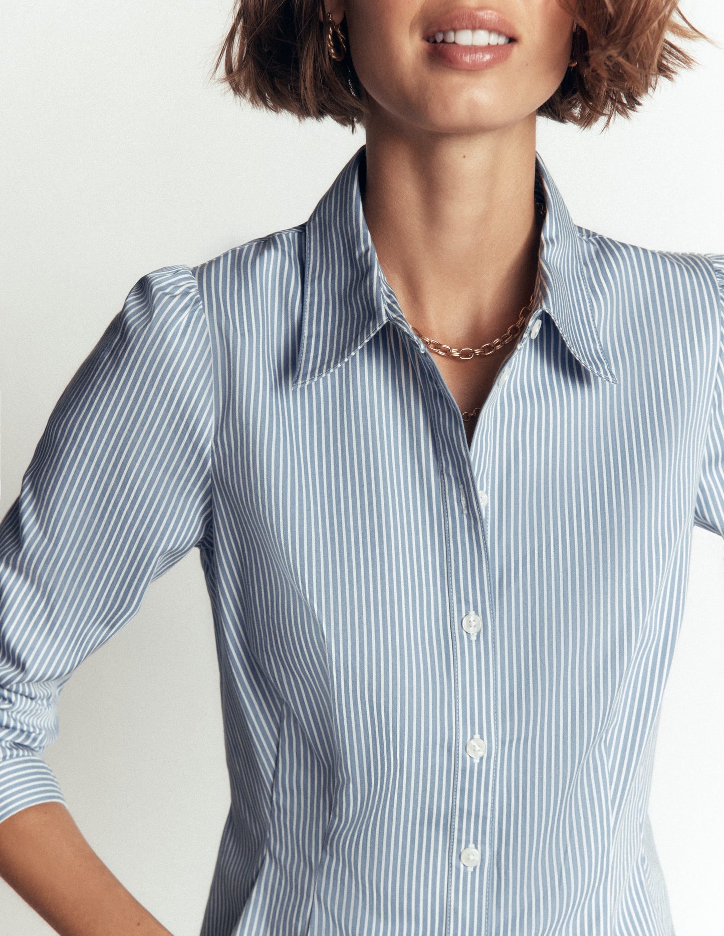 Julia Darted Cotton Shirt-Soft Blue, Ivory Stripe