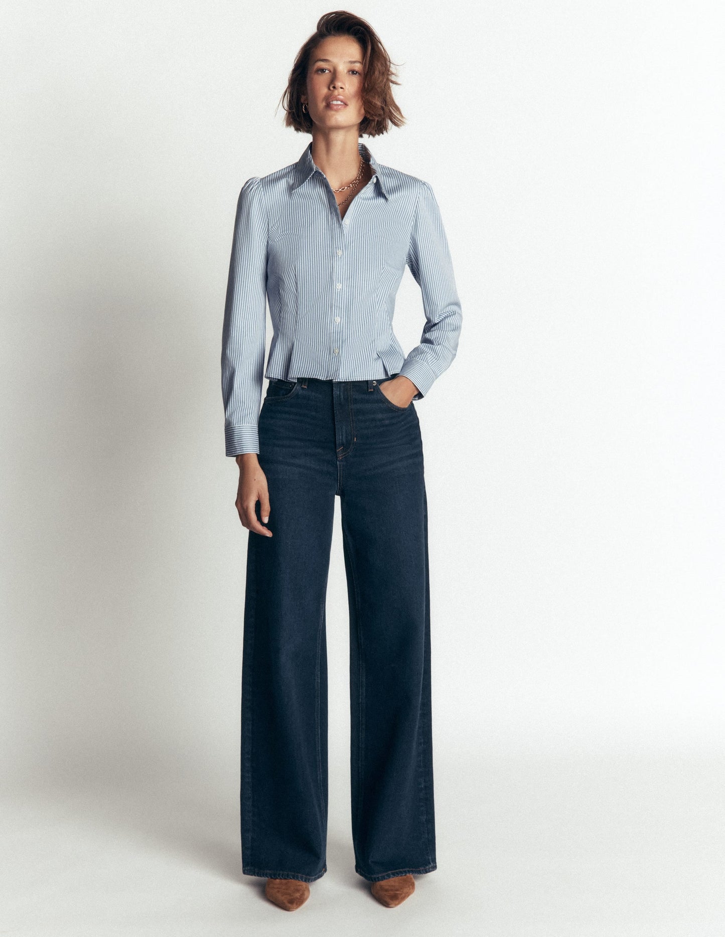 Julia Darted Cotton Shirt-Soft Blue, Ivory Stripe