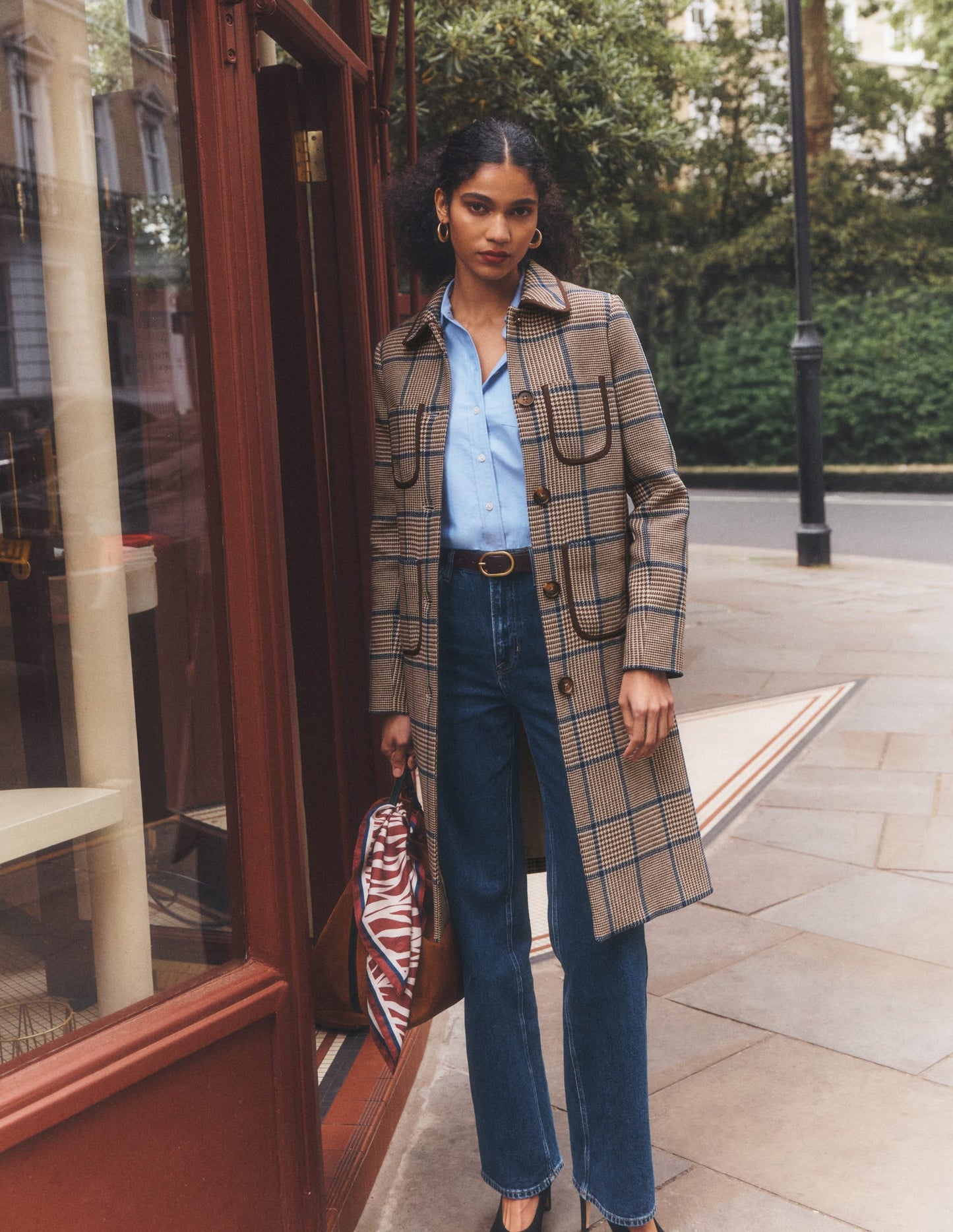 Patch Pocket Wool Blend Coat-Maroon, Teal Prince of Wales